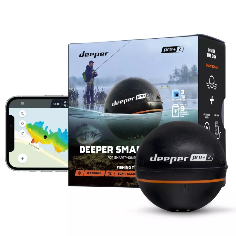 Deeper Smart Sonar PRO+ 2 sonar de pesca lançável, 100/240/675 kHz, profundidade 100 m, Wi-Fi, GPS, até 9 h, preto