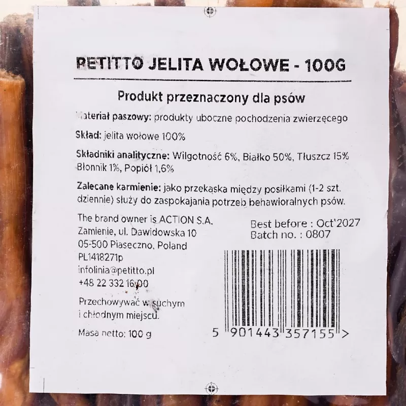 Mastigável para cães PETITTO intestino de vaca 100 g — mastigável natural de um só ingrediente para cães