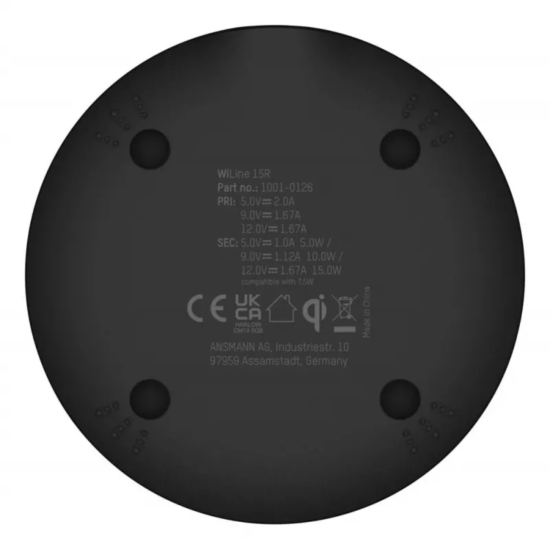 Carregador sem fios Ansmann WiLine 15R smartphone preto USB interior 9V