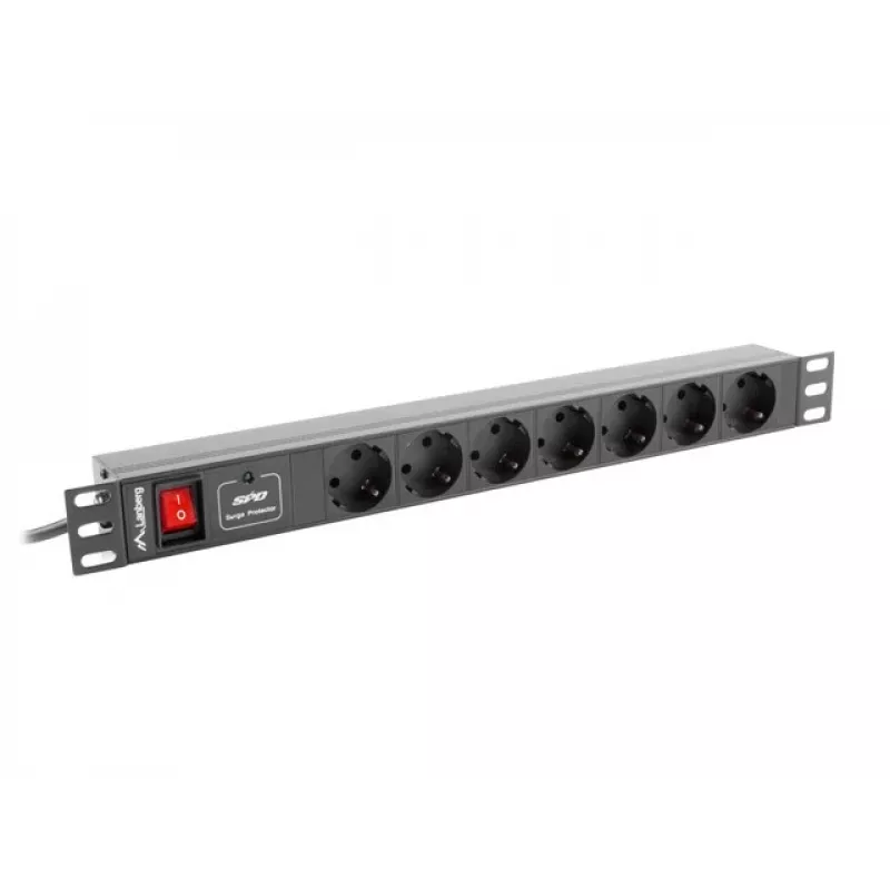 Lanberg | Unidade de distribuição de energia (PDU) 19 polegadas 1U 10A 2M 7x tomadas Schuko | PDU-07F-0200-IEC-BK