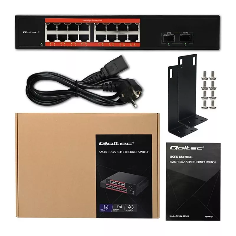 Switch de rede QOLTEC 52364 — Gigabit Ethernet PoE 16xRJ45, 2xSFP