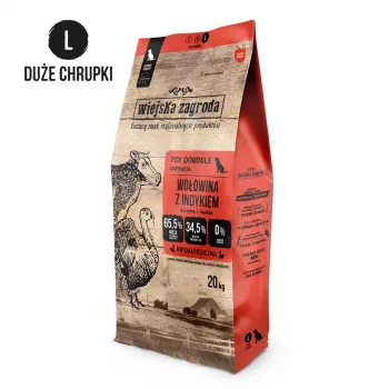 Comida seca para cães wiejskazagroda Vaca com Peru L 20 kg — raças grandes adultas, 31 % de proteína, 20 % de gordura