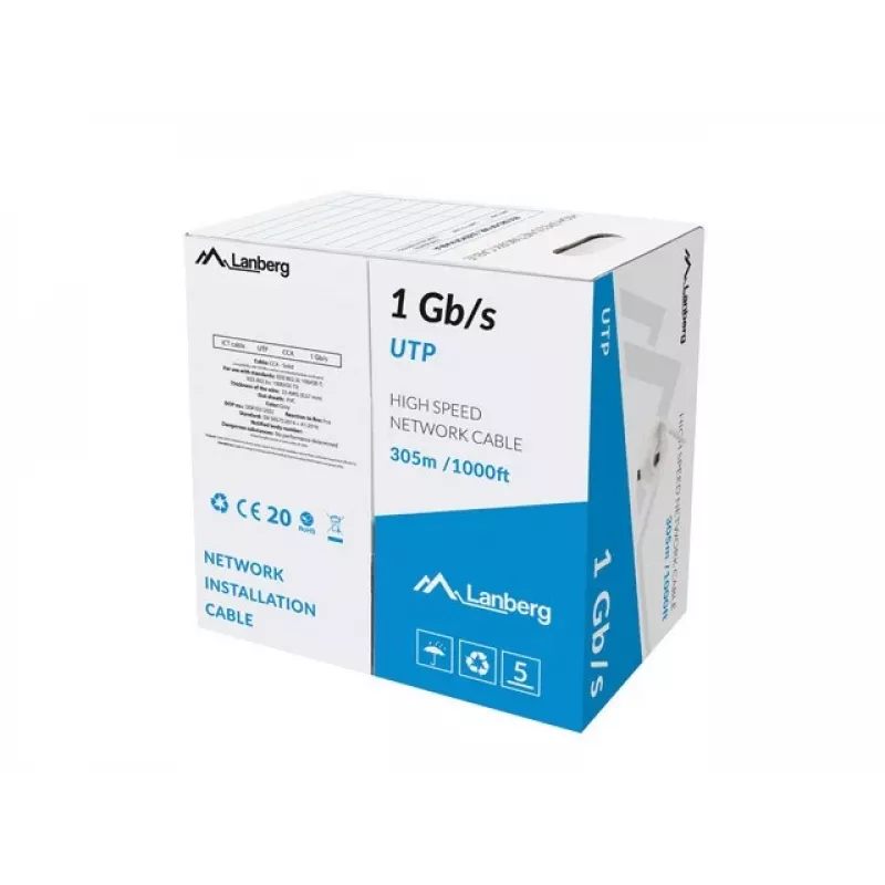 Lanberg LCU6-10CC-0305-S cabo de rede Cat6 U/UTP, 305 m, rígido, CCA, 1 Gb/s, cinzento