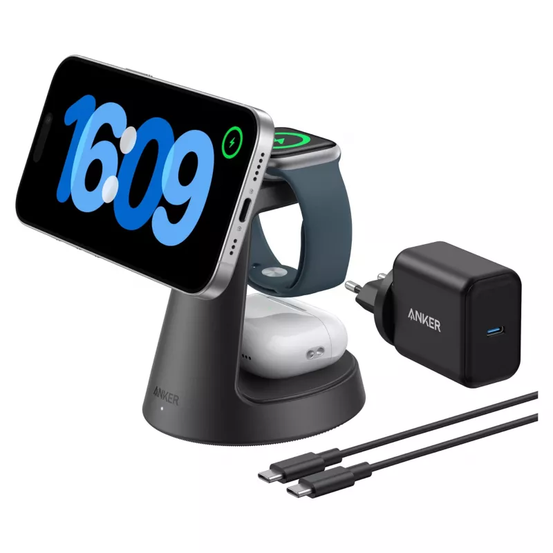 Estação de carregamento sem fios 3-em-1 Anker MagGo B25M4G11 — suporte tipo dock para iPhone, AirPods e Apple Watch