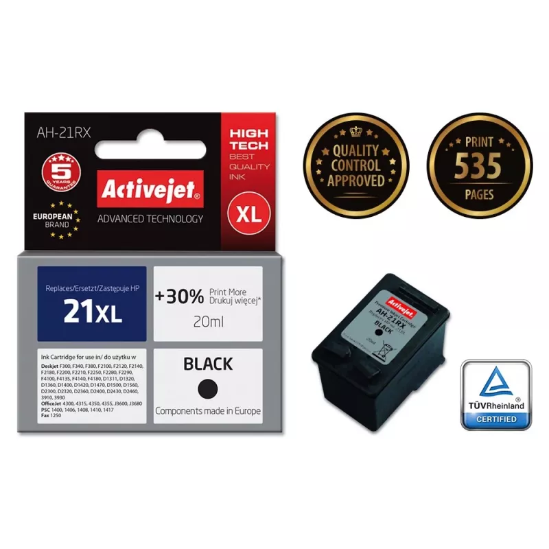 Tinta Activejet AH-21RX (substituto para HP 21XL C9351A; Premium; 20 ml; preto)