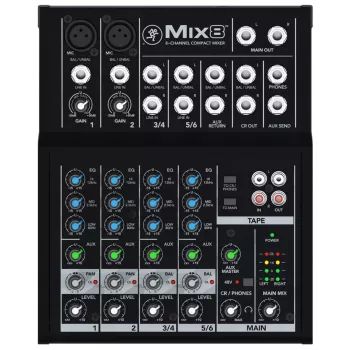 Misturadora Mackie Mix8 — Misturadora Analógica Compacta de 8 Canais, 20–30000 Hz, Impedância de Entrada de Microfone 3800 Ω, 198×244×53 mm