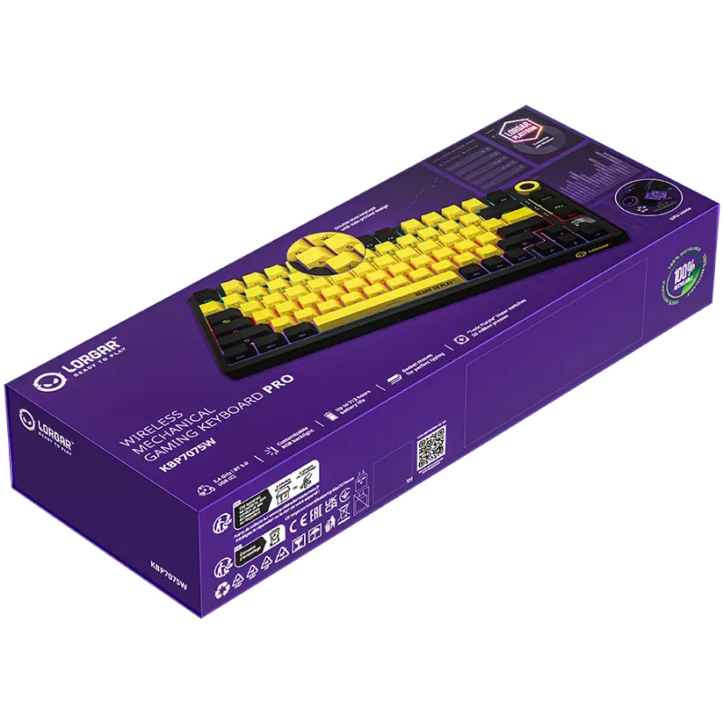Teclado gaming mecânico sem fios LORGAR KBP7075W — Preto/Amarelo, layout EN