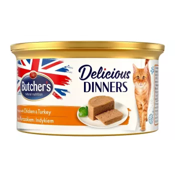 Comida húmida para gatos mousse butcher's BUTCHER'S Delicious Dinners com frango e peru, 85 g, sem cereais, sem glúten