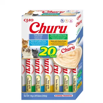 Snacks húmidos para gatos INABA Churu caixa sortida — atum, 20 x 14 g saquetas, pasta, humidade 88 %, proteína 8,5 %