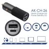 Carregador de automóvel GaN Akyga AK-CH-26 12/24 V, 100 W, USB-C PD 3.0 + USB-A QC 3.0, cinzento
