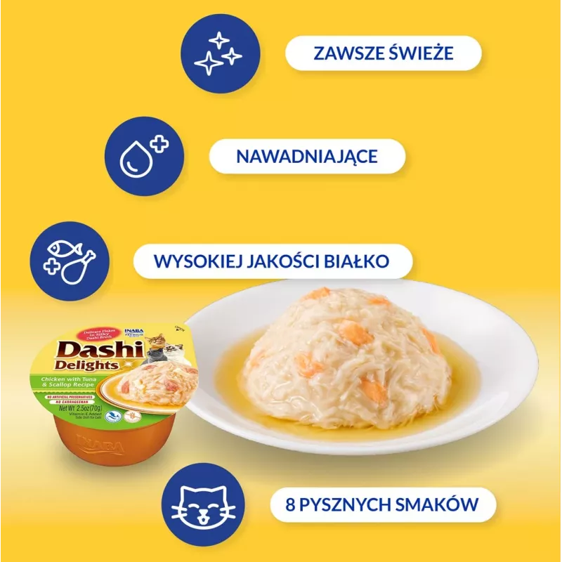 Snack para gatos INABA Dashi Delights frango, atum e caldo de vieira 70 g – snack húmido para gatos, 88 % de humidade, 11 % de proteína