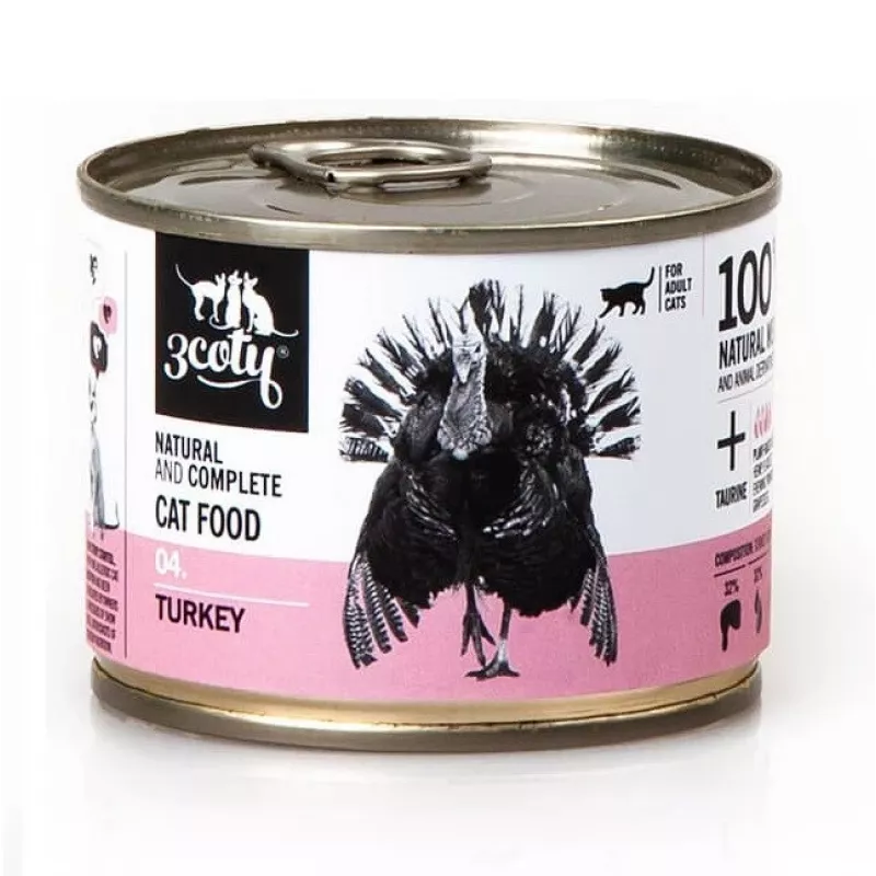 Comida húmida para gatos 3coty 04 peru 180 g — patê para gatos adultos, monoproteico, alimento completo