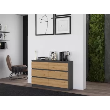 Cómoda top e shop M6 120 — antracite/carvalho, 6 gavetas, 1200×300×770 mm, aglomerado