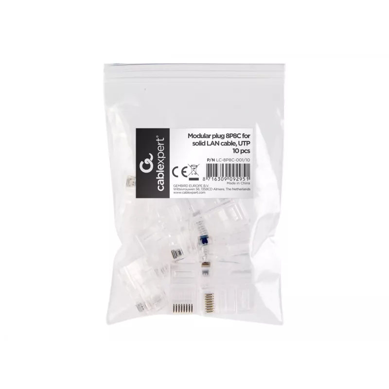 Ficha modular 8P8C para cabos LAN fixos CAT5, UTP, 10 unid. por saco | Ficha modular 8P8C RJ45, banhada a ouro 30µ”, contactos internos de 3 dentes para cabos LAN fixos