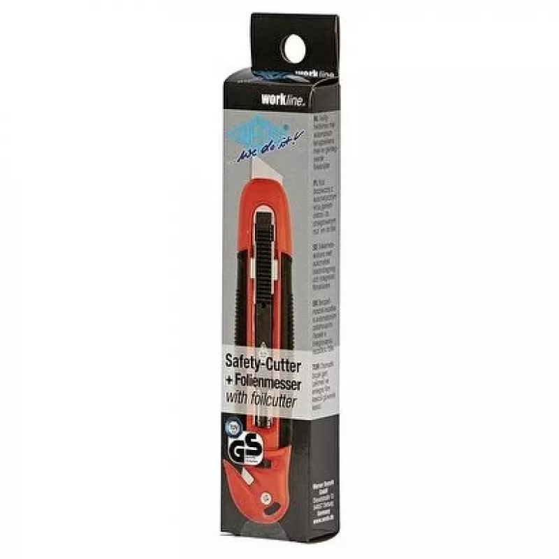 WEDO 78805 x-ato de segurança Standard, lâmina trapezoidal, retração automática da lâmina, bloqueio de segurança, incl. cortador de película, preto/vermelho