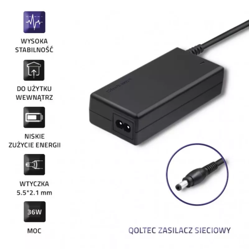 Qoltec 50769 fonte de alimentação de secretária 36 W, 12 V, 3 A, 5,5 x 2,1 mm, com cabo de alimentação