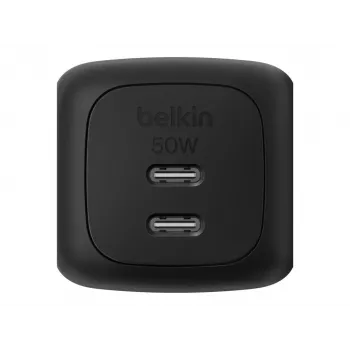 Carregador rápido AC de interior Belkin WCH019kqBK — 2× USB‑C, preto, proteção OVP/OC/OT/SC
