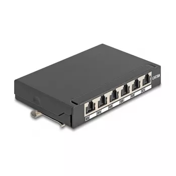 Patch panel DELOCK Mini Desktop RJ45 6 portas Cat.6A blindado, metal, preto, 80×22×125 mm