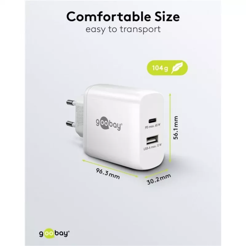 Carregador duplo rápido USB-C, PD, GaN, 65 Watt (branco, 1x USB-C, 1x USB-A, Power Delivery)