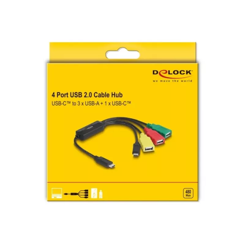 Hub de cabo USB 2.0 DeLOCK 4 portas USB Type-C para 3 x conector fêmea USB-A + 1 x macho USB-C