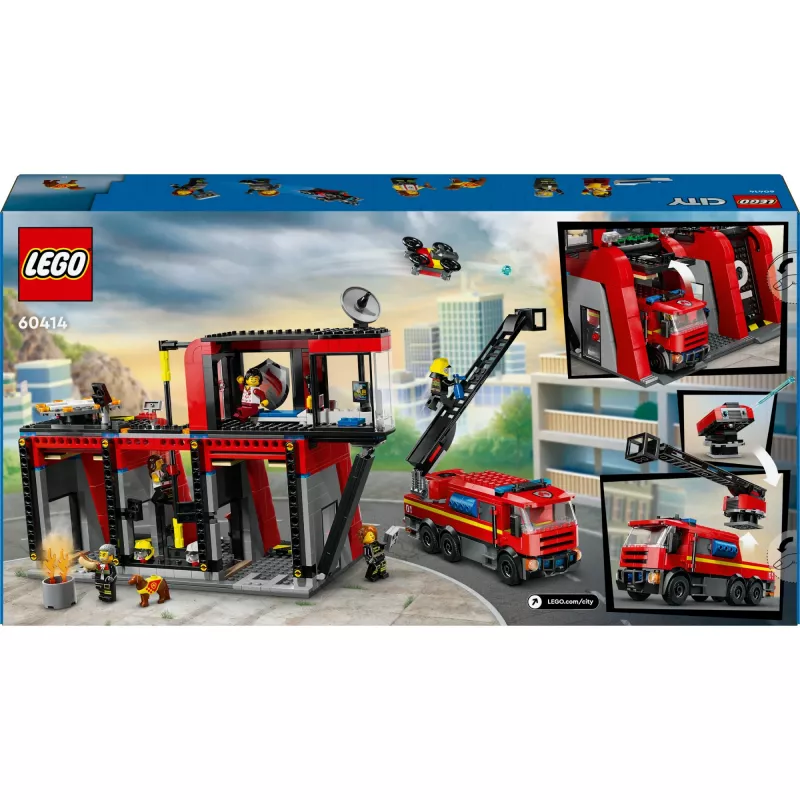 Brinquedo de construção LEGO City Quartel dos Bombeiros com veículo de escada giratória 60414 — 843 peças, 5 minifiguras, 220×320×140 mm