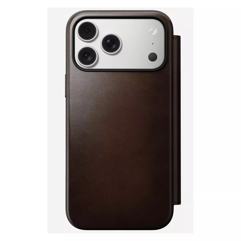 Capa para telemóvel tipo carteira Nomad Modern Leather Folio para iPhone 17 Pro Max — castanha, pele, ecrã de 6,3 polegadas, 4 compartimentos para cartões