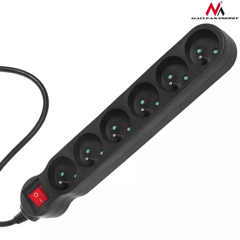 Extensão de energia MACLEAN MCE225 — cabo de 1.5 m, 6 tomadas AC Type F, interior, preto