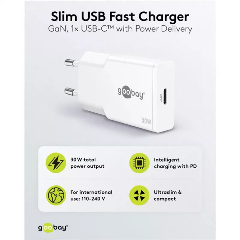 Carregador rápido fino GaN USB-C PD (30 W) (branco)