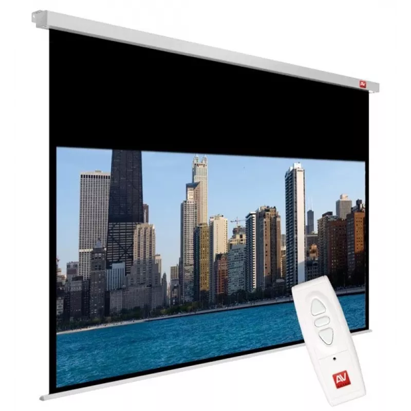 Tela de projeção AVTEK Electric Video Electric 270, 4:3, visível 195×260 cm, montagem no teto/parede, faixa preta inferior de 20 cm, bordas de 5 cm