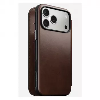 Capa para telemóvel tipo carteira Nomad Modern Leather Folio para iPhone 17 Pro Max — castanha, pele, ecrã de 6,3 polegadas, 4 compartimentos para cartões
