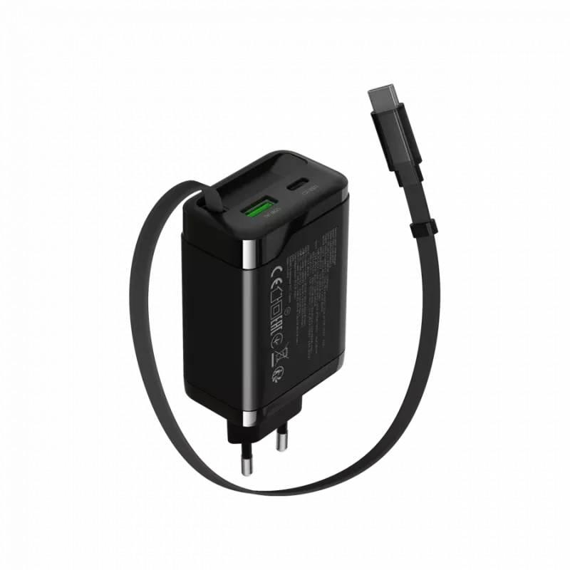 Carregador CANYON OnCharge 65RC com cabo USB-C integrado, 65 W, 1x PD, 1x QC, ficha EU, preto