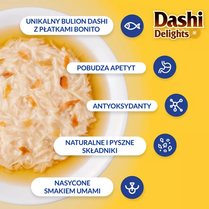 Petisco para gatos INABA Dashi Delights Caldo de Frango & Atum, 70 g saco, sem cereais, sem glúten, sem soja