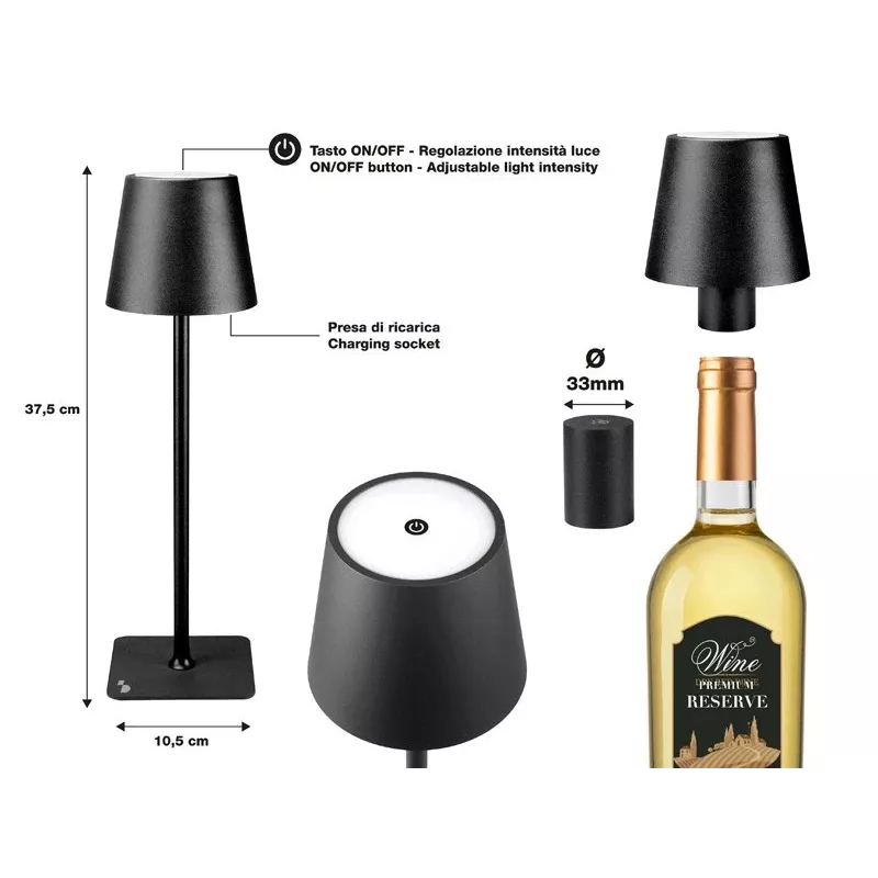 Beper P201UTP118 candeeiro de mesa LED recarregável, 1,5 W, interruptor tátil, regulável, adaptador para garrafa de 33 mm, resistente à água, preto