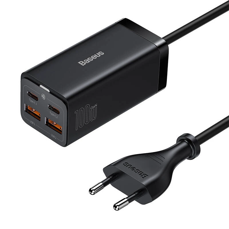 Baseus GaN3 Pro CCGP000101 carregador de secretária 100 W, 2x USB-C + 2x USB-A, PD 3.0, QC 4.0+, cabo de 1,5 m, preto