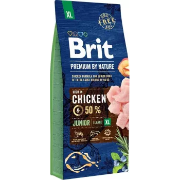Alimento seco para cães Brit Premium by Nature Junior XL 15 kg — frango, 31% proteína, 16% gordura, para raças grandes (40–60 kg)