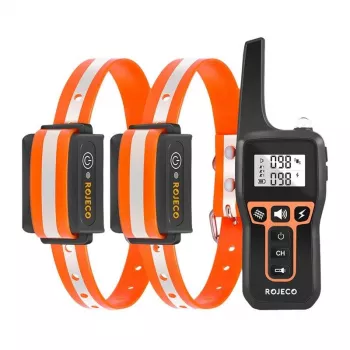 Coleira de treino para cães Rojeco PD5291000m com 2 coleiras, comando recarregável, impulsos estáticos/vibração/som ajustáveis