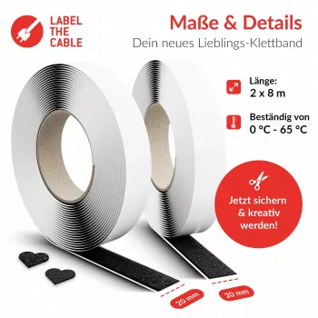 Fita de velcro para cabos Label the Cable LTC rolo de velcro Easy Tape Strap 8 m × 20 mm, preto