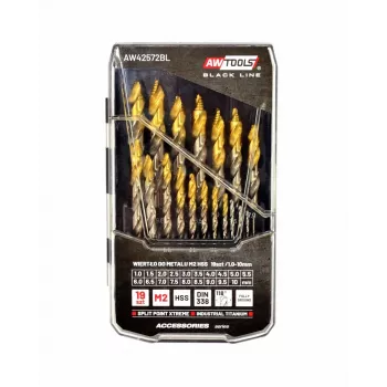 Conjunto de brocas AWTools M2 HSS-TiN 19 peças 1,5–10 mm para metal