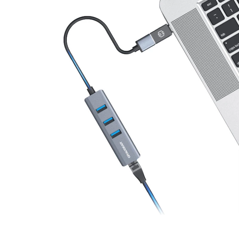 Hub USB GRAUGEAR G-HUB31L-A — host USB 3.2 Gen 1 Type-A, 3 portas USB 3.2 Gen 1 Type-A + RJ-45, 5000 Mbit/s