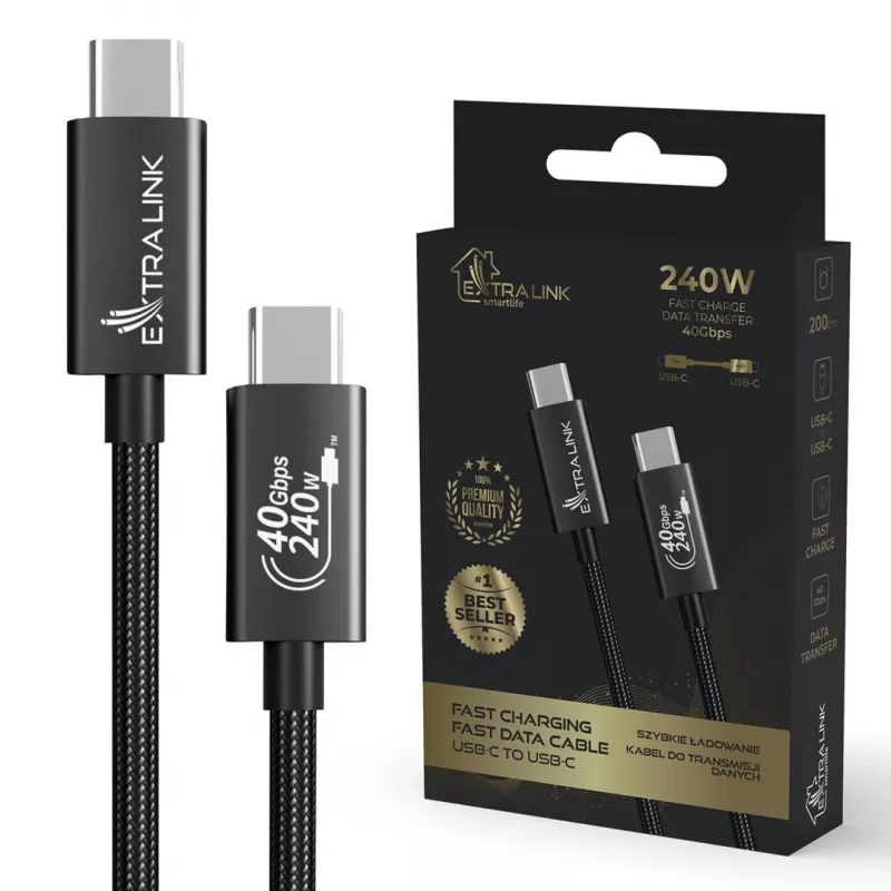Extralink Smart Life CABESL05 cabo USB-C para USB-C, entrançado, 240 W, 40 Gbps, 2 m, preto