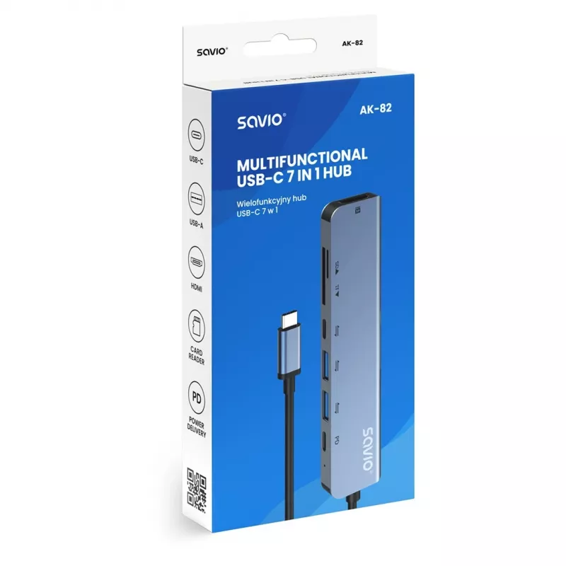 Hub USB Type-C SAVIO AK-82 com HDMI, MicroSD, USB 3.2 Gen1, PD pass-through, 4K@30Hz, 5000 Mbit/s, preto
