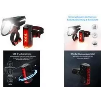 Conjunto de luzes para bicicleta FISCHER FAHRRAD PLUS 110 TWIN STOP LED preto, luz dianteira e traseira, LED