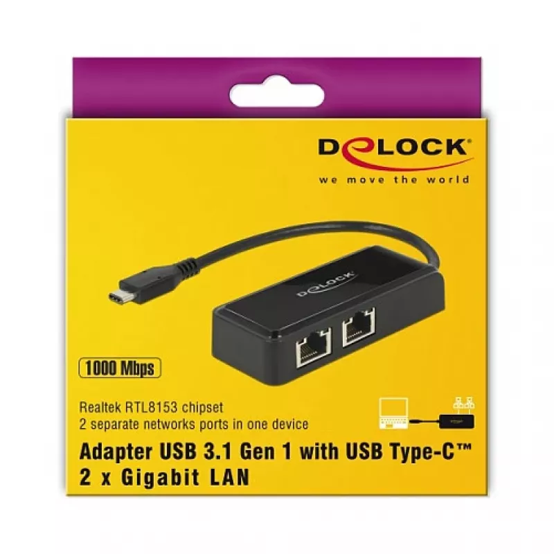 DeLOCK 63927 Adaptador de USB-C para 2x Gigabit LAN, preto