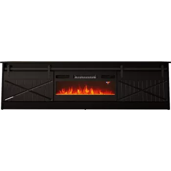 Suporte de TV com lareira Cama Meble modelo GRANERO – 200 x 56,7 x 35 cm, preto/preto brilhante, 2 portas, 2 prateleiras, portas de correr, MDF/aglomerado