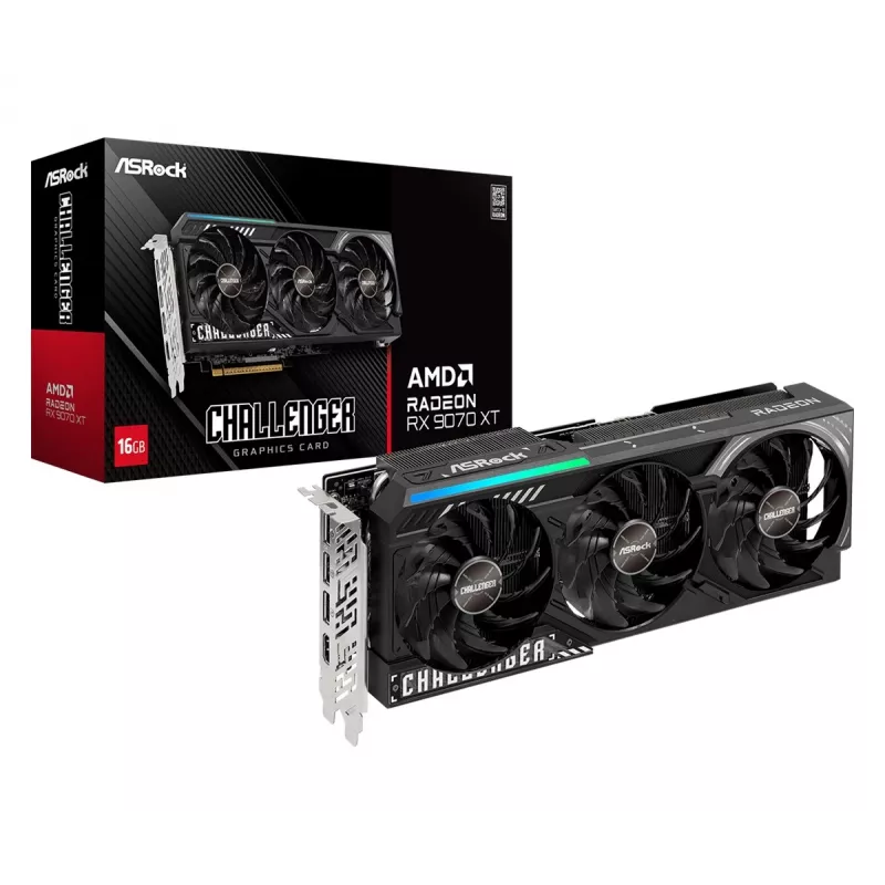 Placa gráfica ASRock Challenger Radeon RX 9070 XT — 16 GB GDDR6, 256 bits, PCIe 5.0, refrigeração ativa com 3 ventoinhas