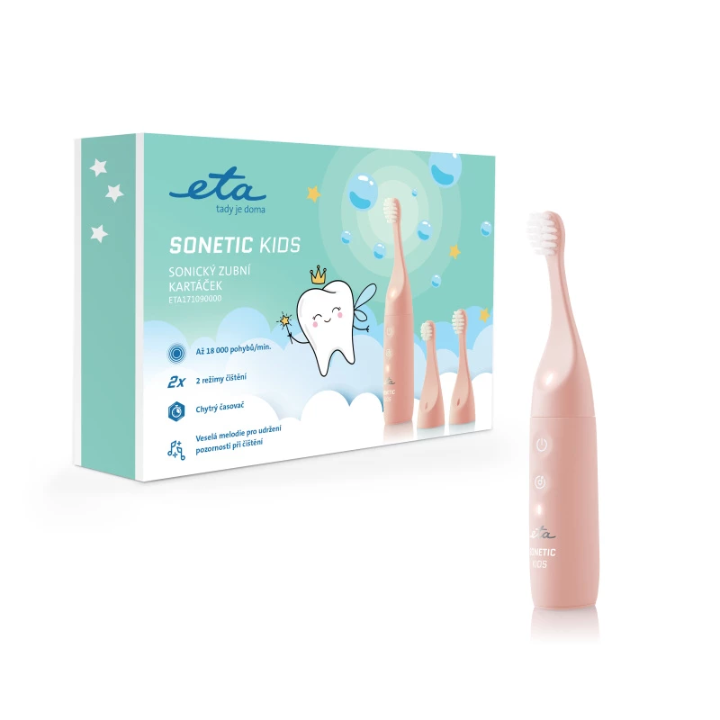 Escova de dentes sónica para criança ETA Sonetic Kids – rosa, bateria, velocidade ajustável, temporizador, 2 cabeças de escova