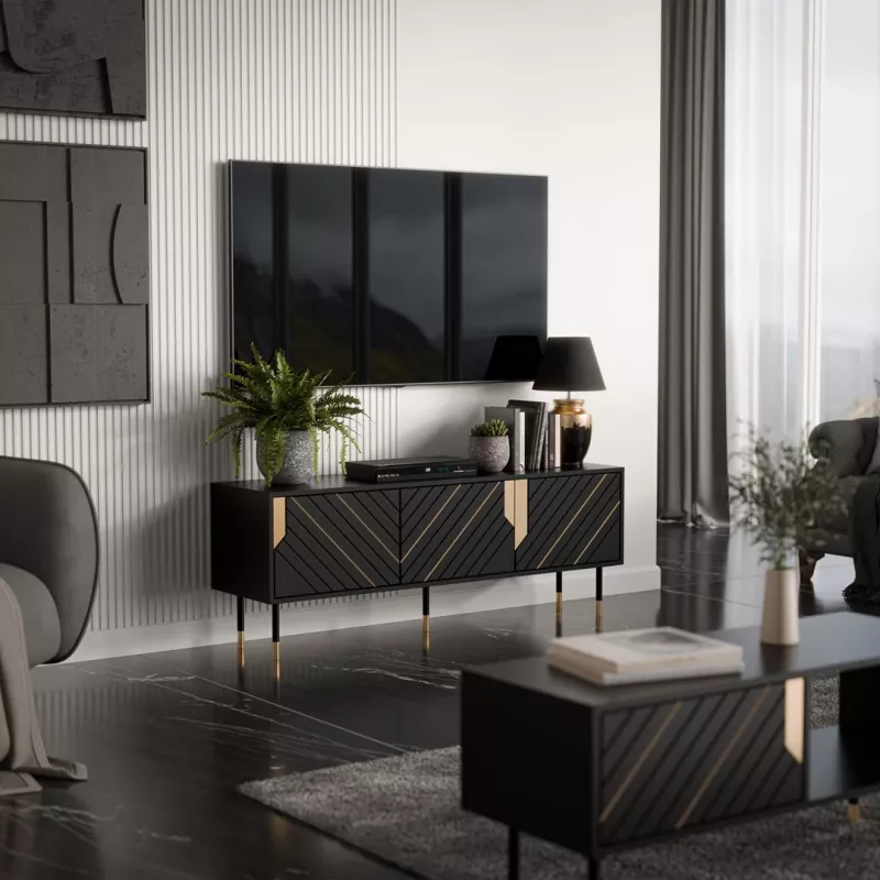 Móvel de TV Cama Meble MOUNTAIN 154x40x55 cm – tampo em aglomerado revestido, preto e dourado