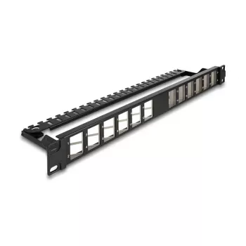 Painel Keystone DELOCK 19 polegadas 24 portas angular com alívio de tensão, 1U, preto, 482,6×125,5×44,2 mm