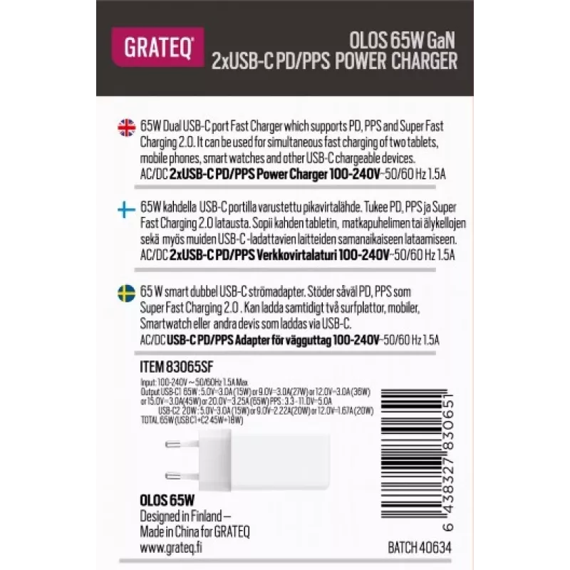 GRATEQ OLOS carregador de parede PD/PPS, 2x USB-C, GaN, 65 W