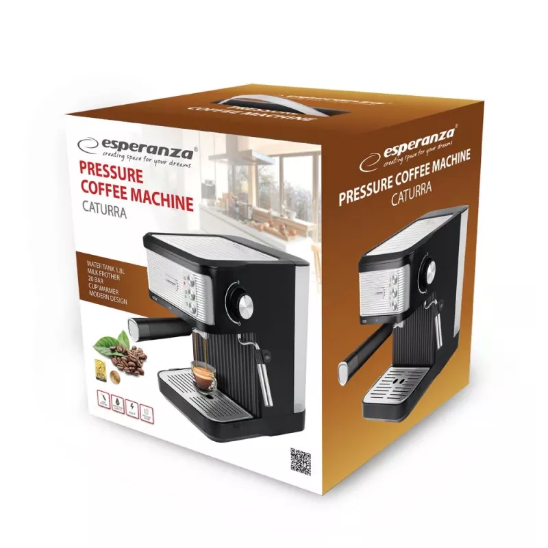Máquina de café expresso ESPERANZA EKC011 — depósito de água de 1,8 L, 850 W, 20 bar, controlo tátil, espumador de leite